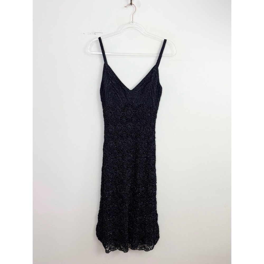 Vintage Y2K Carmen Marc Valvo Metallic Crochet Knit Navy Maxi Dress Size M